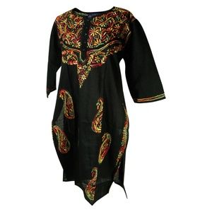 Black Women's Long Indian Kurti Tunic Top with Mul
